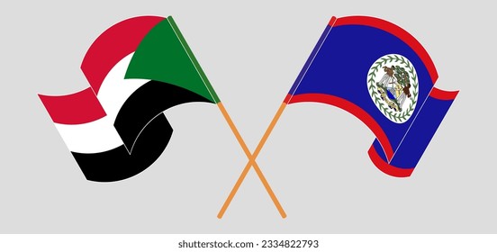 Crossed and waving flags of the Sudan and Belize. Vector illustration
