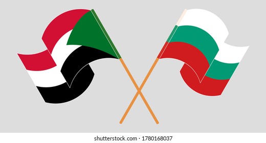 Crossed and waving flags of Sudan and Bulgaria