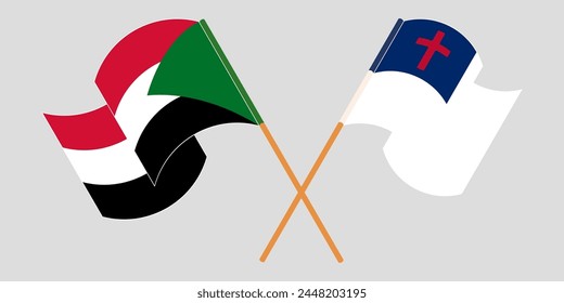 Crossed and waving flags of the Sudan and christianity. Vector illustration
