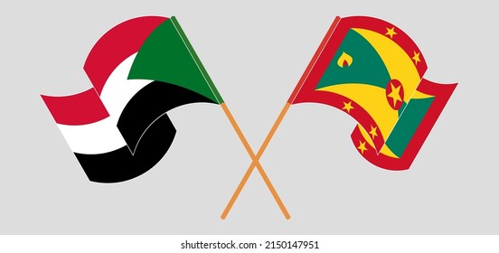 Cruzada y ondeando banderas de Sudán y Granada. Ilustración del vector
