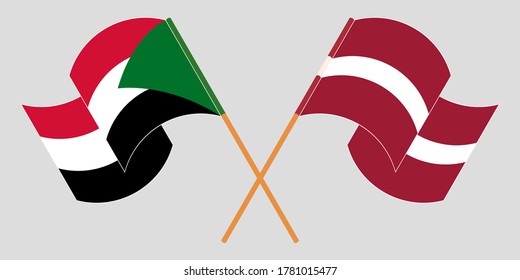 Crossed and waving flags of Sudan and Latvia