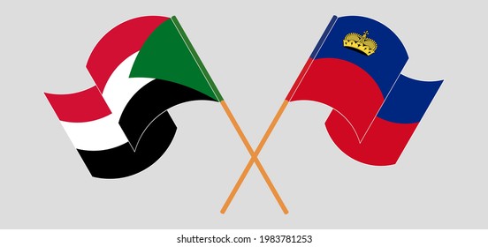 Crossed and waving flags of the Sudan and Liechtenstein