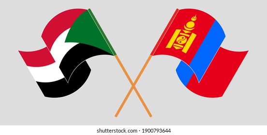 Crossed and waving flags of the Sudan and Mongolia