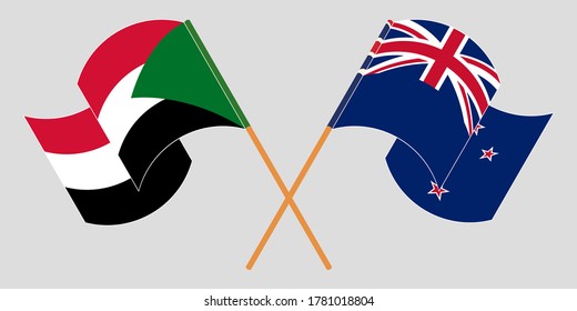 Crossed and waving flags of Sudan and New Zealand