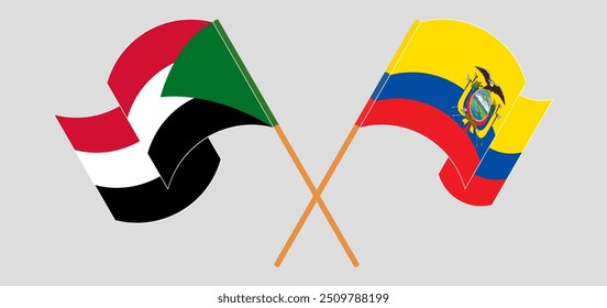 Crossed and waving flags of the Sudan and Republic of Ecuador. Vector illustration
