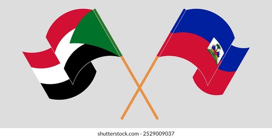 Crossed and waving flags of the Sudan and Republic of Haiti. Vector illustration.
