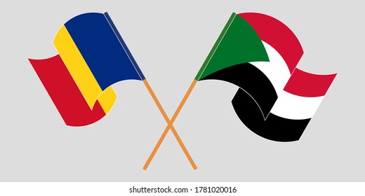 Crossed and waving flags of Sudan and Romania