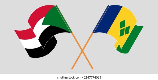 Crossed and waving flags of the Sudan and Saint Vincent and the Grenadines. Vector illustration
