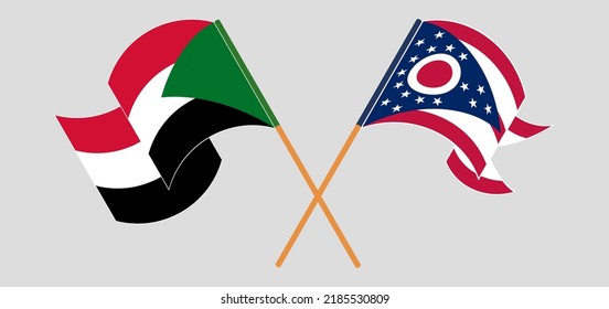 Überquerte und wehende Flaggen des Sudan und des Staates Ohio. Vektorgrafik
