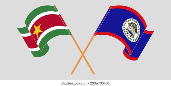 Crossed and waving flags of Suriname and Belize. Vector illustration

