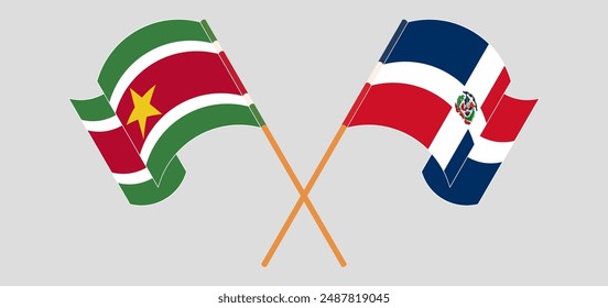 Crossed and waving flags of Suriname and Dominican Republic. Vector illustration
