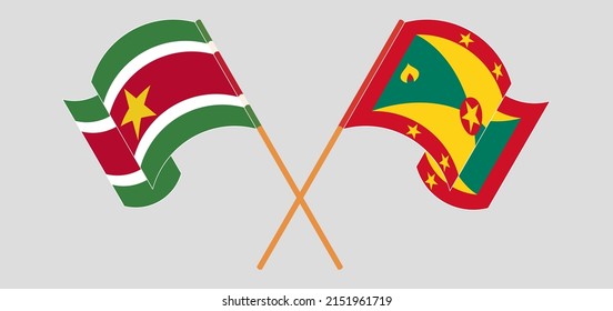 Crossed and waving flags of Suriname and Grenada. Vector illustration
