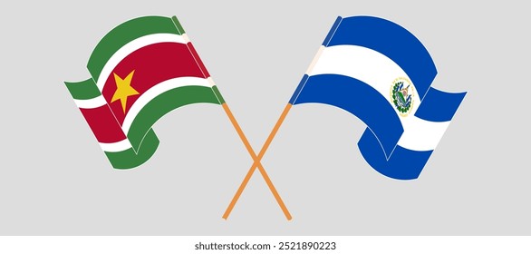 Crossed and waving flags of Suriname and Republic of El Salvador. Vector illustration.
