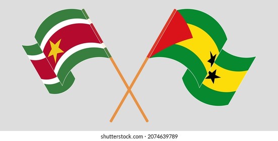 Crossed and waving flags of Suriname and Sao Tome and Principe. Vector illustration