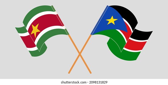 Crossed and waving flags of Suriname and South Sudan. Vector illustration
