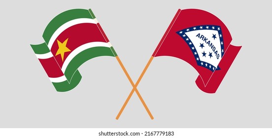 Cruzaron y ondearon banderas de Surinam y el Estado de Arkansas. Ilustración del vector
