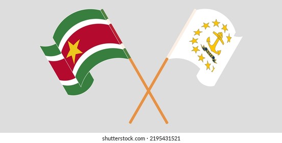 Crossed and waving flags of Suriname and the State of Rhode Island. Vector illustration
