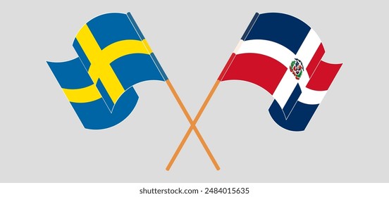 Crossed and waving flags of Sweden and Dominican Republic. Vector illustration
