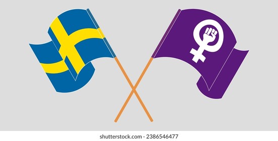 Crossed and waving flags of Sweden and Feminism. Vector illustration
