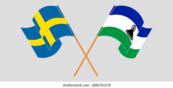 Crossed and waving flags of Sweden and Kingdom of Lesotho. Vector illustration
