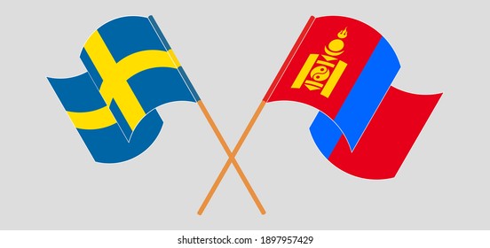 Crossed and waving flags of Sweden and Mongolia