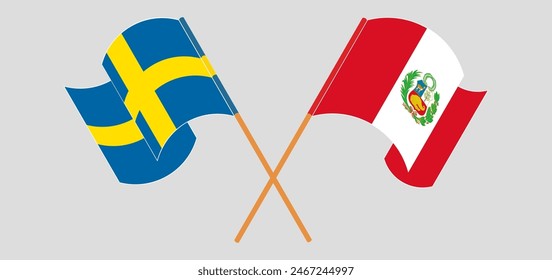 Crossed and waving flags of Sweden and Peru. Vector illustration
