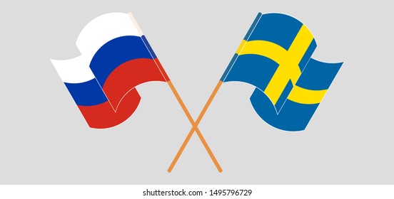 Crossed and waving flags of Sweden and Russia. Vector illustration