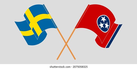 Crossed and waving flags of Sweden and The State of Tennessee. Vector illustration
