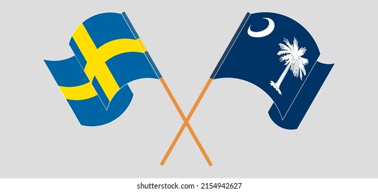 Crossed and waving flags of Sweden and The State of South Carolina. Vector illustration
