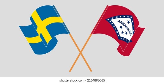 Crossed and waving flags of Sweden and The State of Arkansas. Vector illustration
