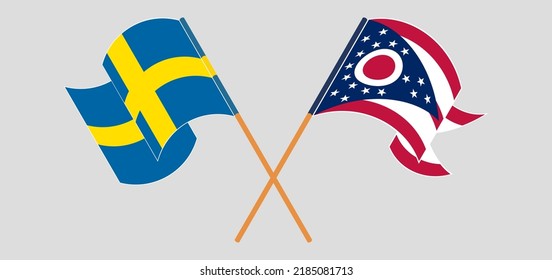 Crossed and waving flags of Sweden and the State of Ohio. Vector illustration
