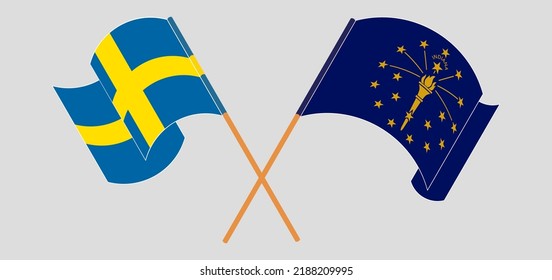 Crossed and waving flags of Sweden and the State of Indiana. Vector illustration
