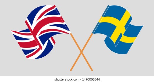 Crossed and waving flags of Sweden and the UK