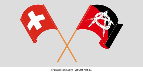 Crossed and waving flags of Switzerland and Anarchy. Vector illustration
