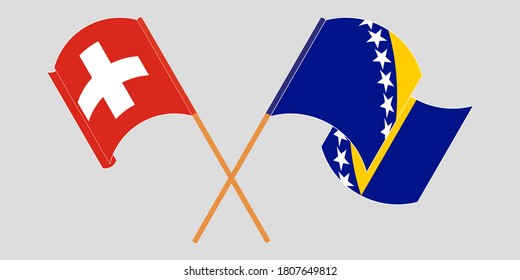 Crossed and waving flags of Switzerland and Bosnia and Herzegovina