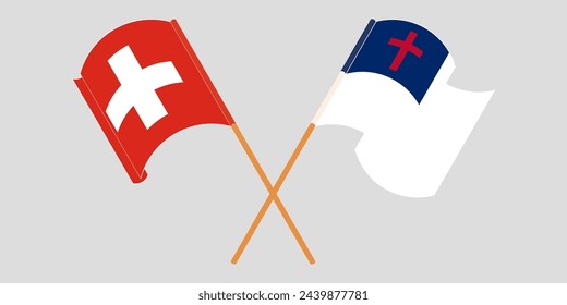 Crossed and waving flags of Switzerland and christianity. Vector illustration
