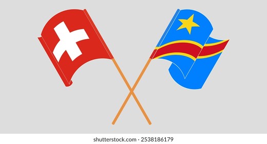 Crossed and waving flags of Switzerland and Democratic Republic of the Congo. Vector illustration.
