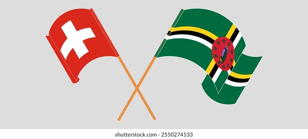 Crossed and waving flags of Switzerland and Dominica. Vector illustration.
