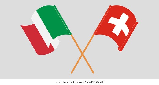Crossed and waving flags of Switzerland and Italy