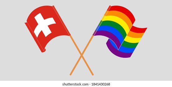 Crossed and waving flags of Switzerland and LGBTQ