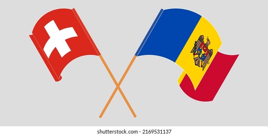 Crossed and waving flags of Switzerland and Moldova. Vector illustration

