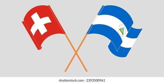 Crossed and waving flags of Switzerland and Nicaragua. Vector illustration
