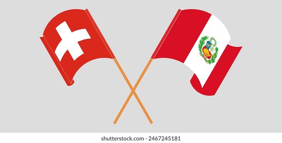 Crossed and waving flags of Switzerland and Peru. Vector illustration
