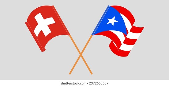 Crossed and waving flags of Switzerland and Puerto Rico. Vector illustration
