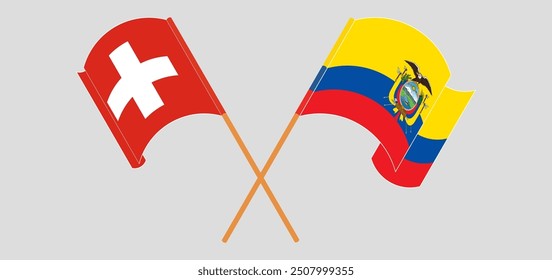 Crossed and waving flags of Switzerland and Republic of Ecuador. Vector illustration
