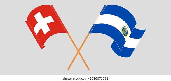 Crossed and waving flags of Switzerland and Republic of El Salvador. Vector illustration.
