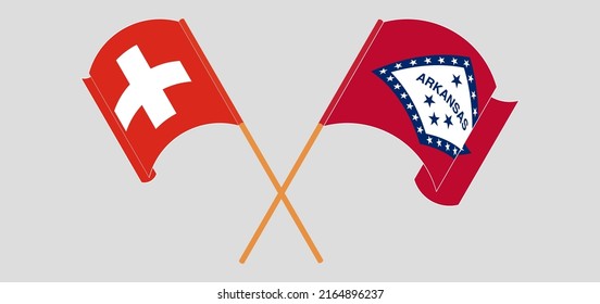 Crossed and waving flags of Switzerland and The State of Arkansas. Vector illustration

