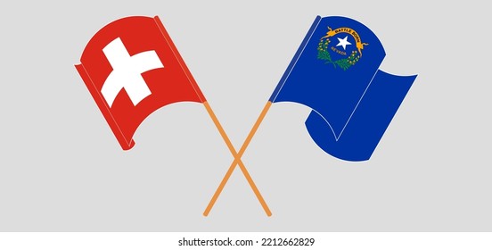 Crossed and waving flags of Switzerland and The State of Nevada. Vector illustration
