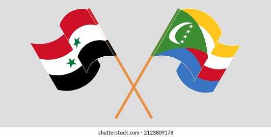 Cruzando y ondeando banderas de Siria y Comoras. Ilustración del vector
