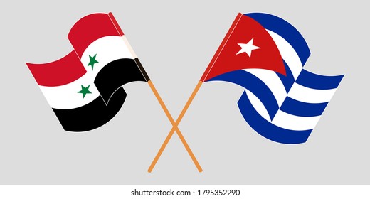 Crossed and waving flags of Syria and Cuba